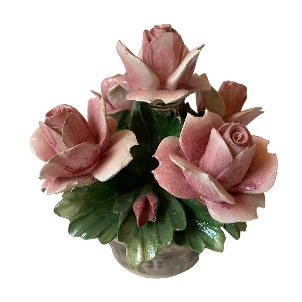 Capodimonte ceramic 5 pink roses basket signed art decor CHIPS‎ Italy 4"